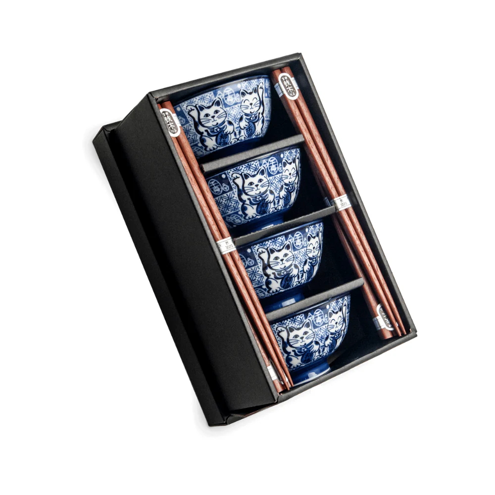 Japanese Lucky Cat Bowls with Chopsticks - Set of 4