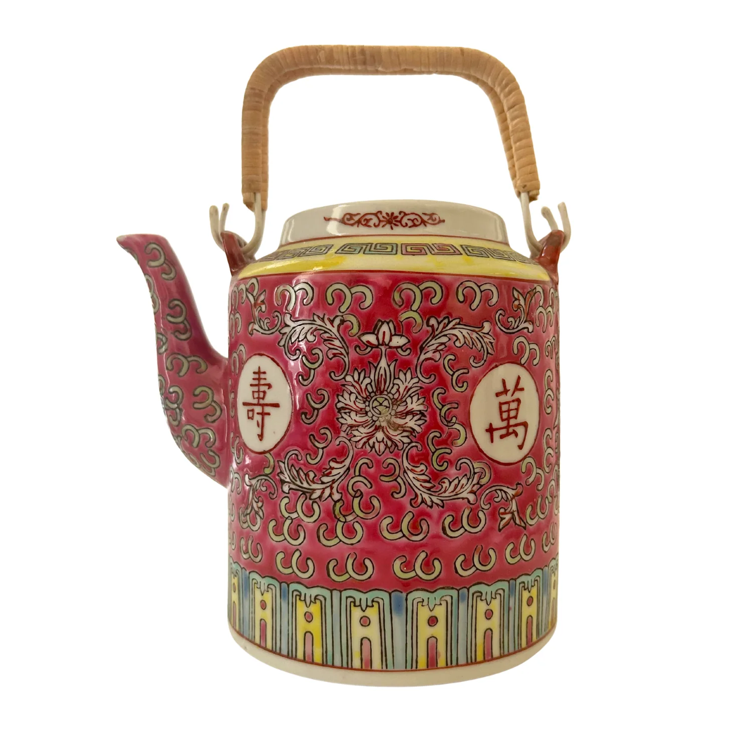 Oriental Red Pattern Tall Teapot with Bamboo Handle