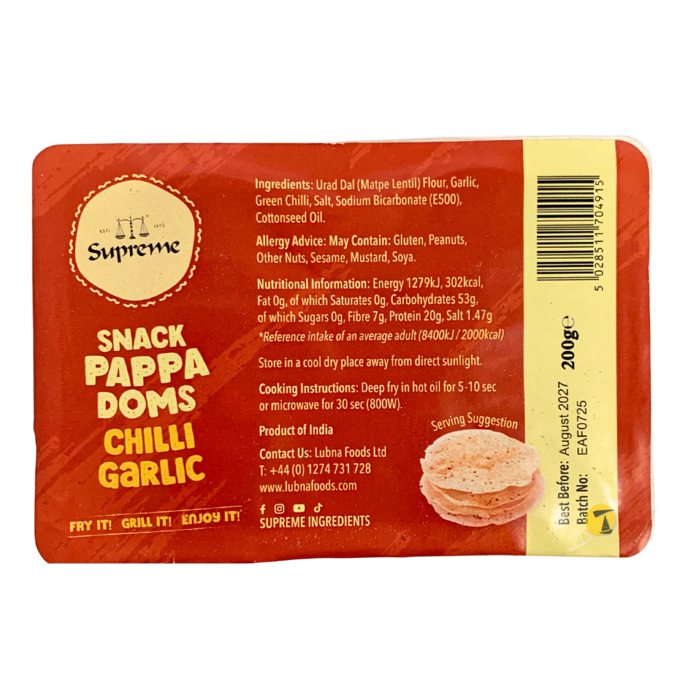 Supreme Snack Pappadoms Chilli & Garlic - 200g
